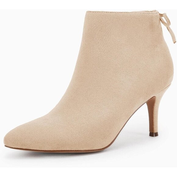Women's Pointed Toe Heel Ankle Booties Kitten Stiletto Bowtie Strappy Boot Beige - Picture 4 of 6